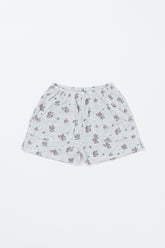 Flat Lay of Avauma Fluffy Garden Melange Berry Baby Shorts, Soft Cotton Shorts with Berry Floral Print